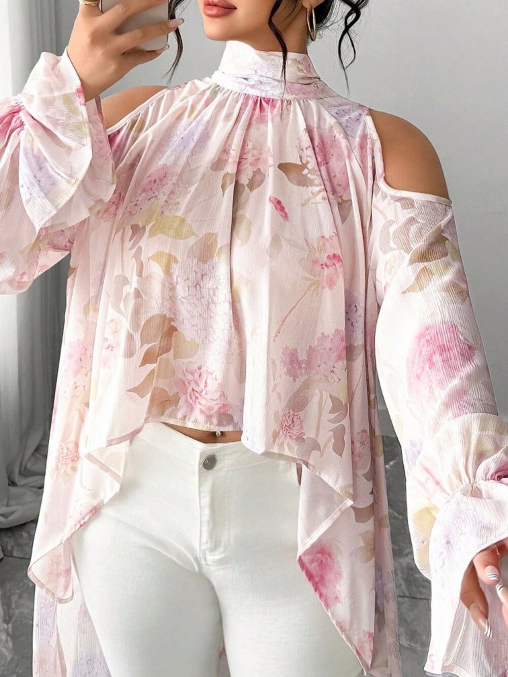 Pink Boho Women's Plus Size Semi-Sheer Chiffon Blouse with Lantern Sleeves - Picture 5 of 7